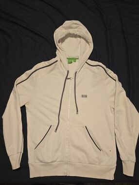 Boss Cream Zip-Up Hoodie with Contrast Trim